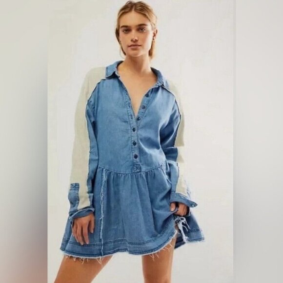 Free People Jean Tunic Dress Blue Beige Button Front Mixed Fabric Size XS - Picture 1 of 16